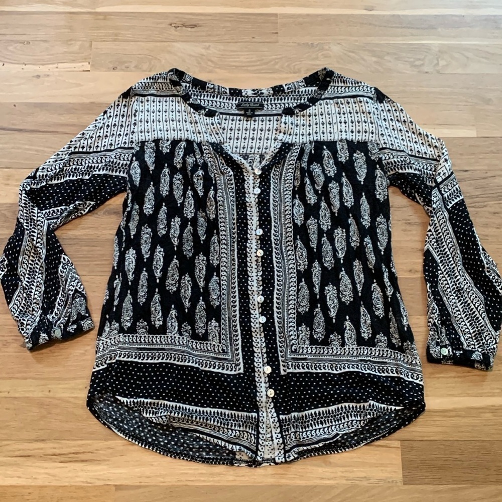Lucky Brand Linen Blend 3/4 Sleeve Black & White Paisley Print Blouse Women’s S
